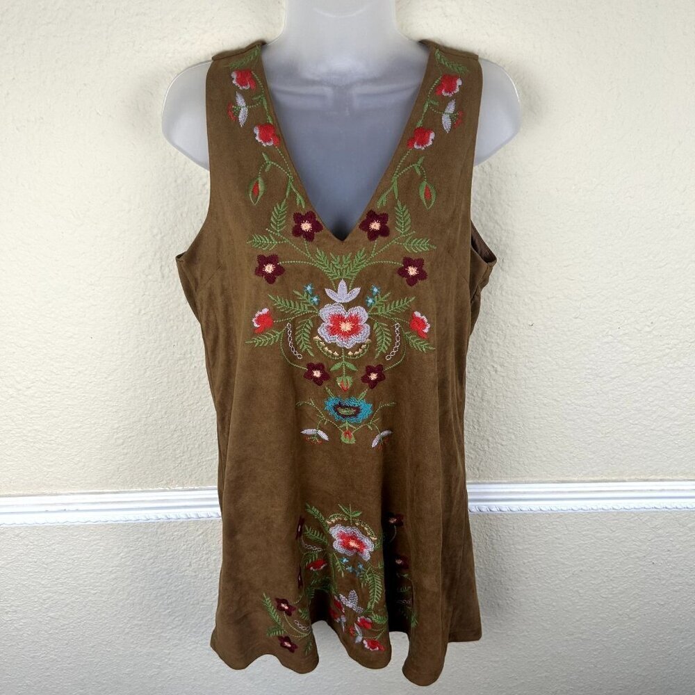 Women's Faux Suede Sleeveless Floral Embroidered Boho Dress Southwestern Size S